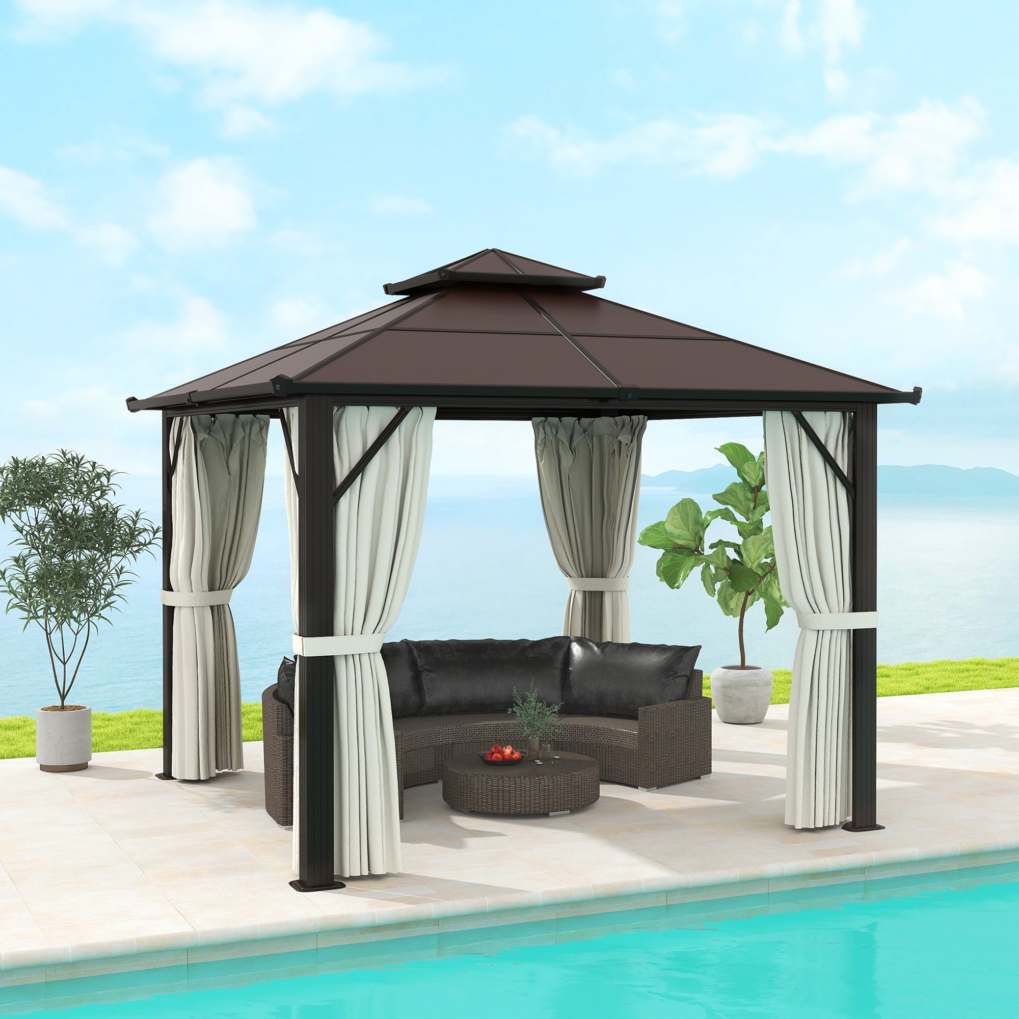 Outsunny 3 x 3(m) Hardtop Gazebo Canopy with UPF30+ Double Polycarbonate Roof, Aluminium Frame Garden Gazebo Permanent Pavilion with Mosquito Netting and Curtains for Patio, Deck, Beige 