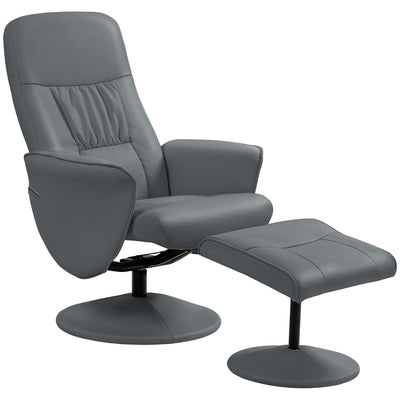 HOMCOM Swivel Recliner Chair with Footstool, PU Leather Armchair and Ottoman with High Back and Round Base for Living Room, Grey 