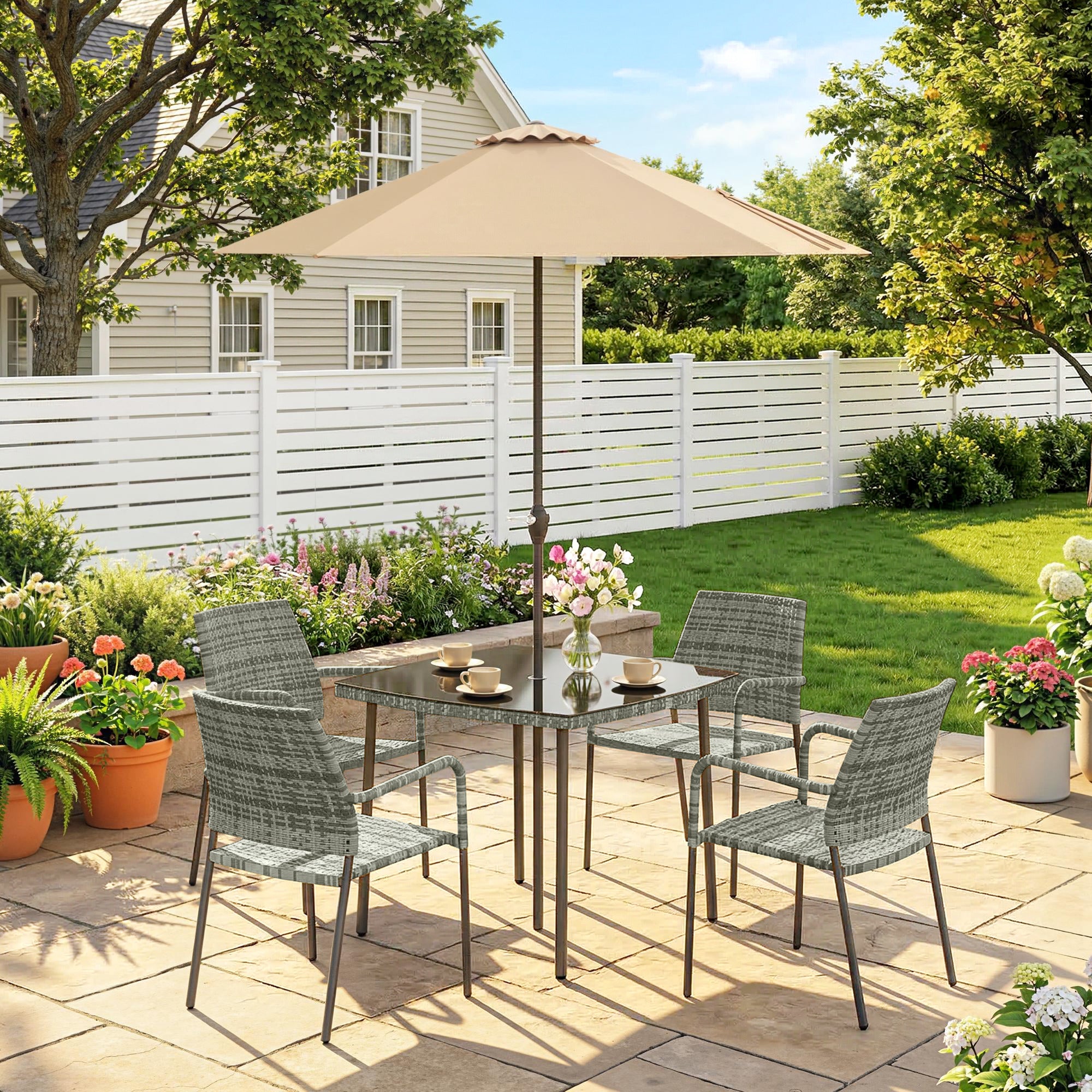Outsunny 4 Seater Rattan Dining Set with Parasol, 6 Piece Garden Table and Stackable Chairs with Tempered Glass Tabletop 