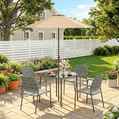 Outsunny 4 Seater Rattan Dining Set with Parasol, 6 Piece Garden Table and Stackable Chairs with Tempered Glass Tabletop 