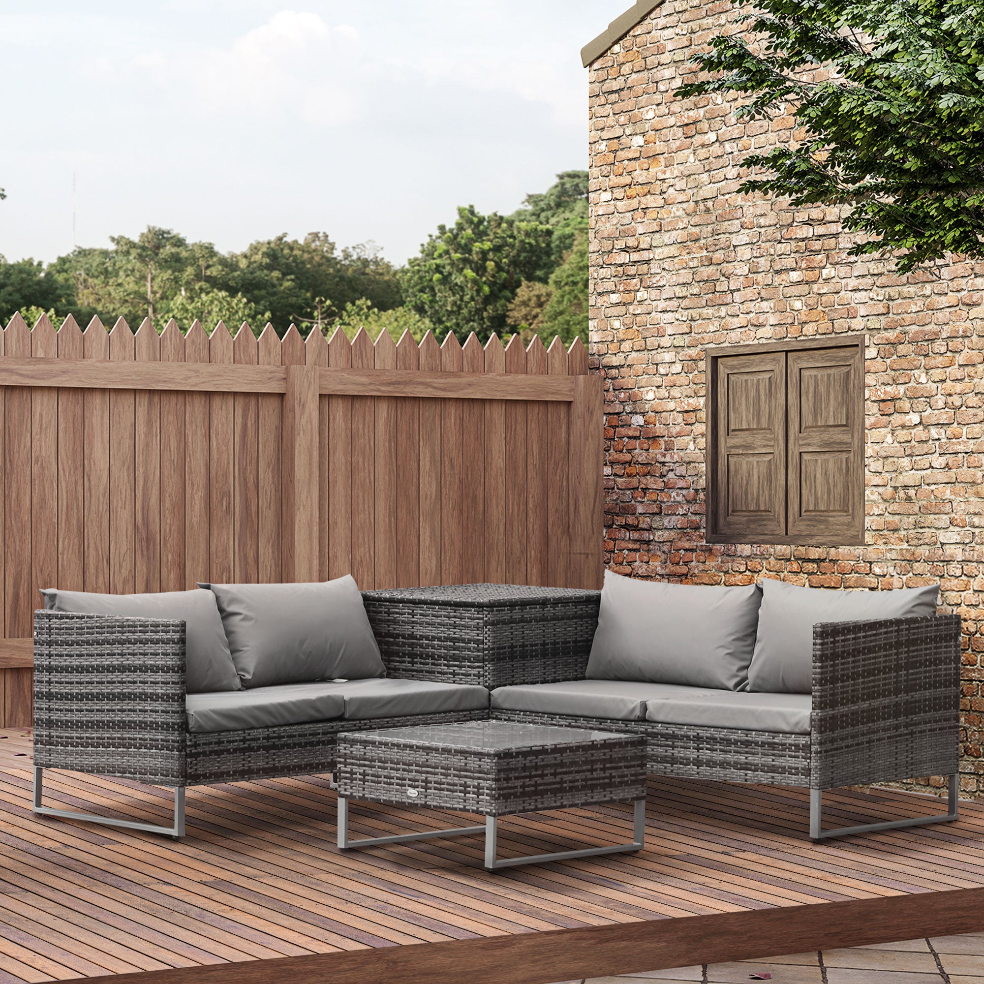 Outsunny 4 PCs Garden Rattan Wicker Outdoor Furniture Patio Corner Sofa Love Seat and Table Set  with Cushions Side Desk Storage - Mixed Grey 