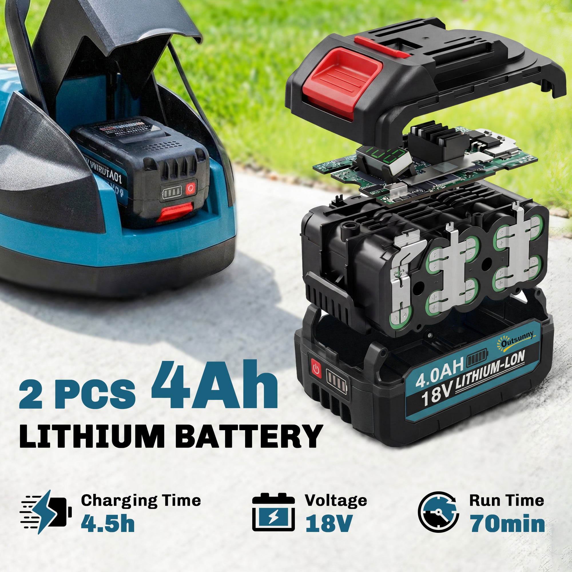Outsunny 18V Cordless Lawnmower with 2 x 4Ah Batteries & Charger, Battery Lawn Mower with 21cm Cutting Width, 3 Cutting Heights 