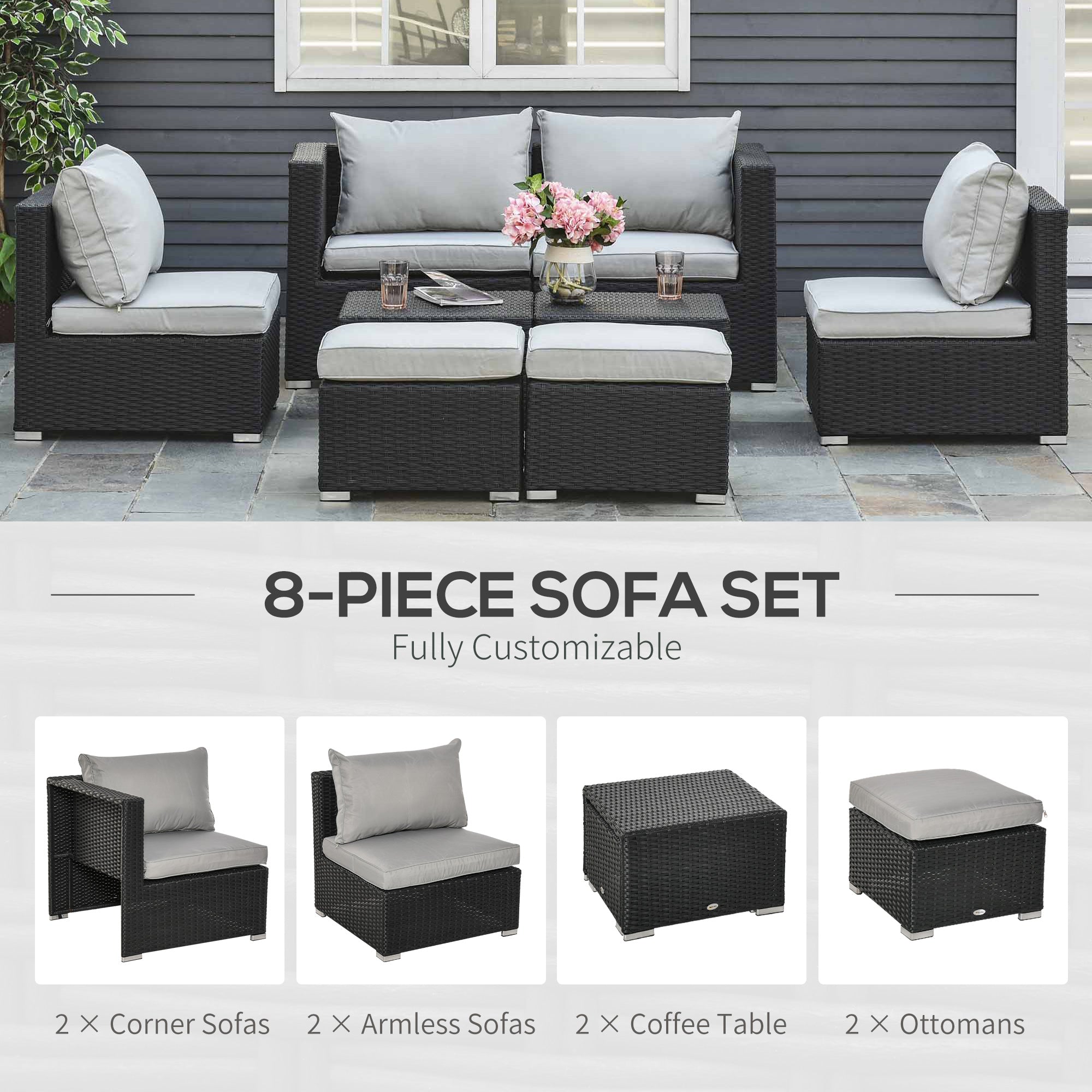 Outsunny 8 Pieces PE Rattan Sofa Set with Cushions, Garden Corner Sofa with 4 Seater Sofa, 2 Footstools and 2 Coffee Table Set, Space-saving Design, No Assembly Required, Black 
