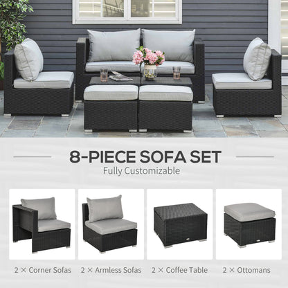 Outsunny 8 Pieces PE Rattan Sofa Set with Cushions, Garden Corner Sofa with 4 Seater Sofa, 2 Footstools and 2 Coffee Table Set, Space-saving Design, No Assembly Required, Black 