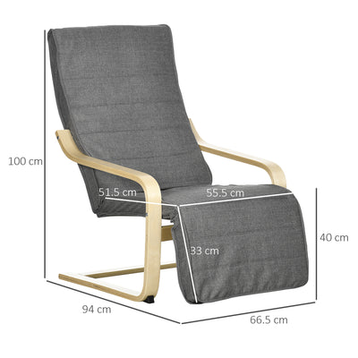HOMCOM Wooden Lounging Chair Deck Relaxing Recliner Lounge Seat with Adjustable Footrest & Removable Cushion, Dark Grey 