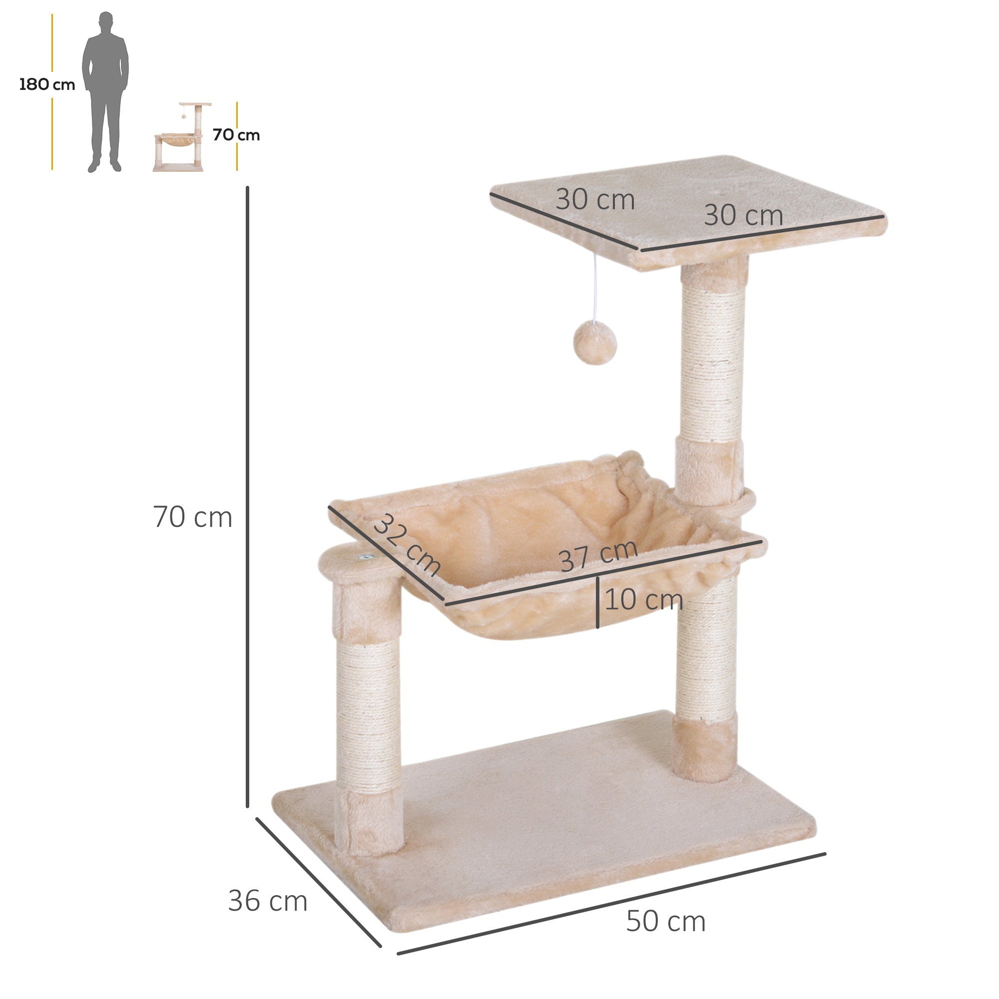 PawHut Cat Scratch Post with Bed Cat Tree for Indoor Cats Sisal Scratching Posts Hammock Kitty Activity Centre Beige 
