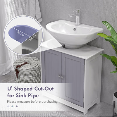kleankin 60x60cm Under-Sink Storage Cabinet w/ Adjustable Shelf Handles Drain Hole Bathroom Cabinet Space Saver Organizer White and Grey 