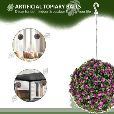 HOMCOM Set of 2 Decorative Artificial Plants, UV-protected Artificial Plant Topiary Rose Balls, Fake Plants for Home Indoor outdoor Decor, 28cm, Purple 