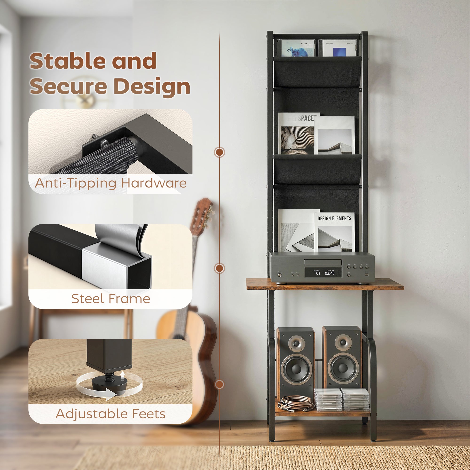 HOMCOM Vinyl Record Player Stand Record Storage with Player Stand Oxford Fabric Pockets Bottom Shelf Rustic Brown and Black 