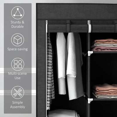 HOMCOM Fabric Wardrobe, Portable Wardrobe, Clothes Storage Unit with 8 Shelves, 2 Hanging Rods, 125 x 43 x 162.5 cm, Black 