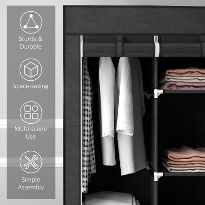 HOMCOM Fabric Wardrobe, Portable Wardrobe, Clothes Storage Unit with 8 Shelves, 2 Hanging Rods, 125 x 43 x 162.5 cm, Black 