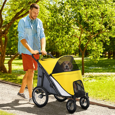 PawHut Foldable Pet Stroller, with Washable Cushion, Storage Bags, Safety Leash, for Medium, Large Dogs, Cats - Yellow 