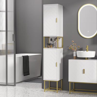 kleankin Narrow Bathroom Storage Cabinet, Freestanding Tallboy Storage Unit with Adjustable Shelf, 2 Doors and Steel Base, Slim Corner Organizer, White 