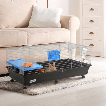 PawHut Small Animal Cage Rabbit Guinea Pigs Chinchillas Cage w/ Wheels Water Bottle Food Dish Platform Ramp 119 x 59 x 50 cm Black 