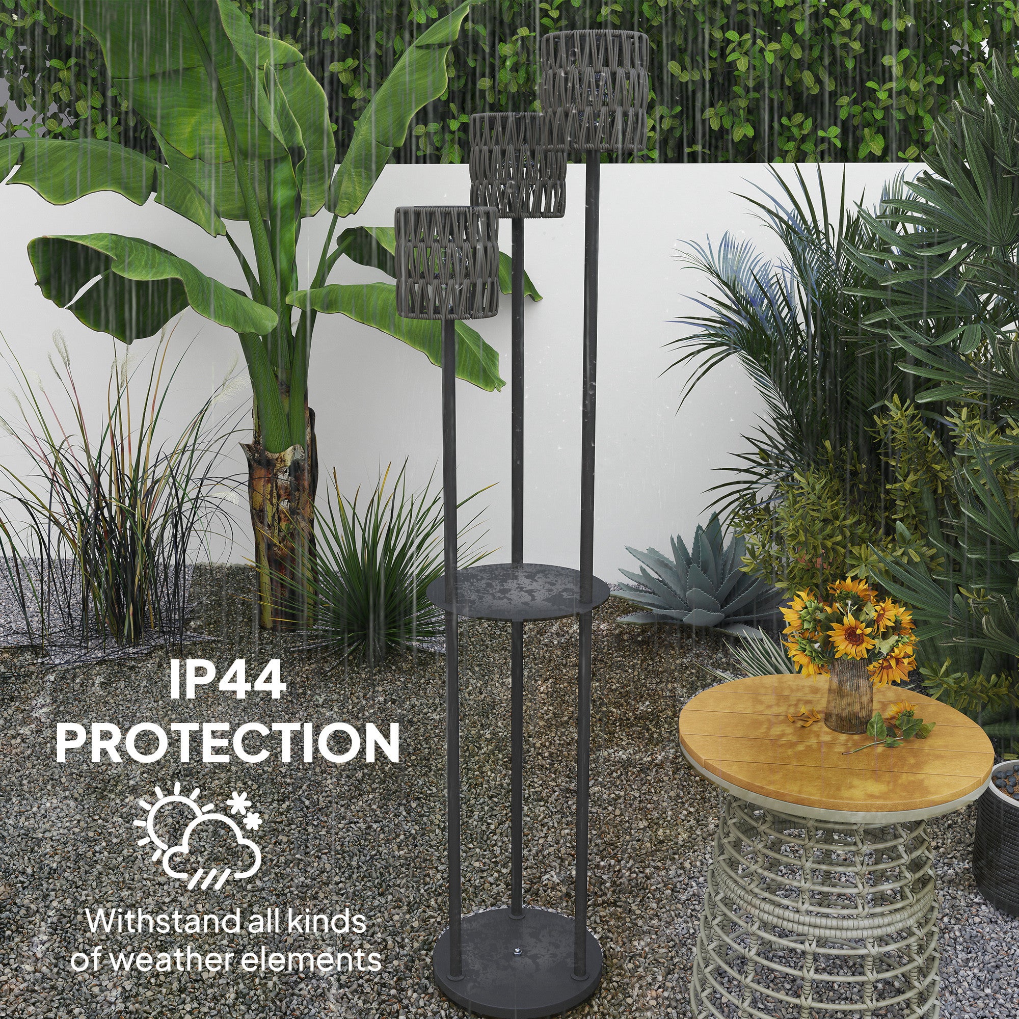 Outsunny Boho Rattan Floor Lamp, 3-Lights Rattan Lamp with Shelf, Freestanding Solar Garden Light with Auto On/Off Lights, Grey 