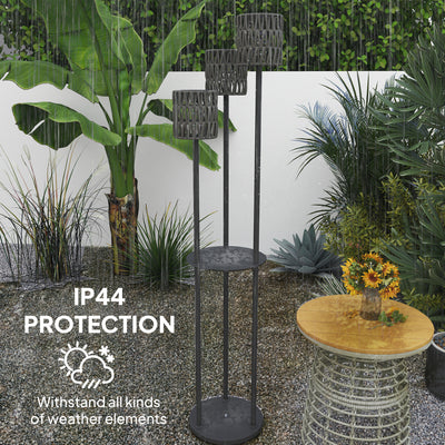 Outsunny Boho Rattan Floor Lamp, 3-Lights Rattan Lamp with Shelf, Freestanding Solar Garden Light with Auto On/Off Lights, Grey 