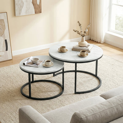 HOMCOM Set of Two Marble-Effect Stacking Tables - White 