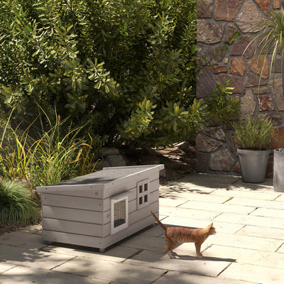 PawHut Wooden Outdoor Cat House, Elevated Cat Shelter Kennel, Pet Play House with Openable Top, Asphalt Roof, Window, Grey 
