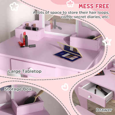 ZONEKIZ Kids Vanity Table with Mirror, Stool, Drawer, Storage Boxes, Cloud Design, for Ages 3-6 Years - Pink 