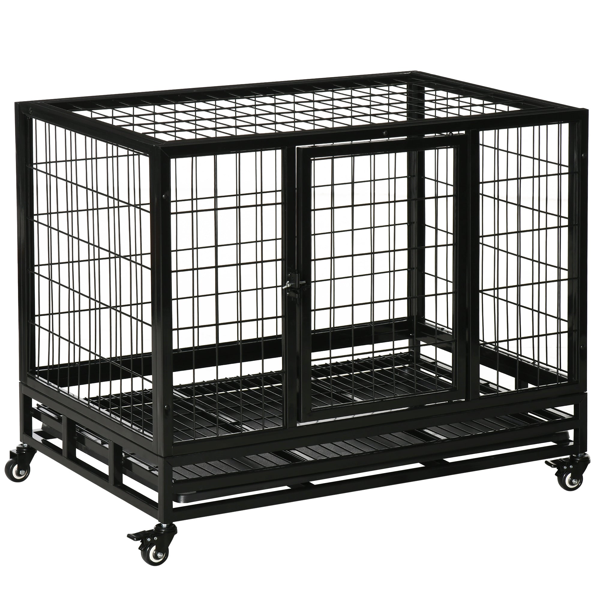 PawHut 38" Heavy Duty Metal Dog Crate Pet Cage with Tray Wheeled Dog Kennel - Black (Medium) 