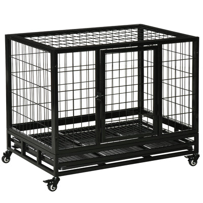 PawHut 38" Heavy Duty Metal Dog Crate Pet Cage with Tray Wheeled Dog Kennel - Black (Medium) 