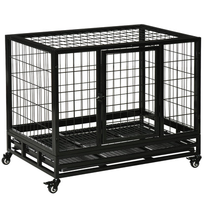 PawHut 38" Heavy Duty Metal Dog Crate Pet Cage with Tray Wheeled Dog Kennel - Black (Medium) 