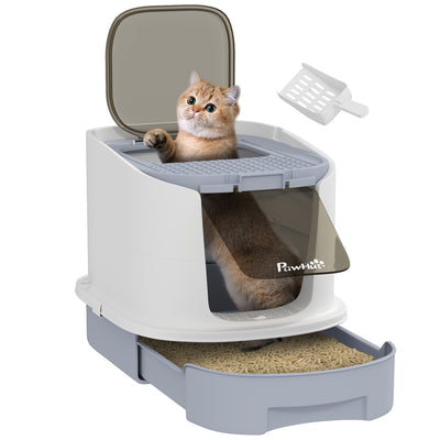 PawHut Cat Litter Box with Lid, Scoop, Deodorization Bags, Top Entry, Cat Toilet Easy Clean with Drawer Pan, Grey 