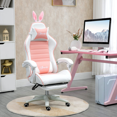 Vinsetto Racing Gaming Chair, Reclining PU Leather Computer Chair with Removable Rabbit Ears, Footrest, Headrest and Lumber Support, Pink 