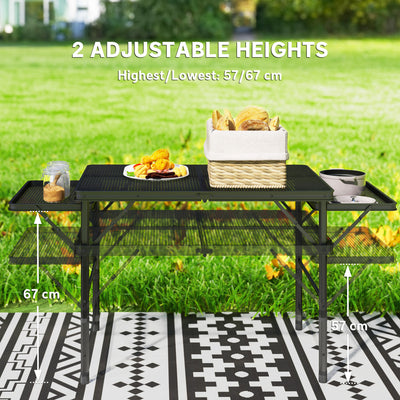 Outsunny Folding Grill Table, 4.5ft Portable Camping Table with 2 Wing Panels, Height Adjustable Metal Picnic Table for Camping, Picnic and BBQ, Black 