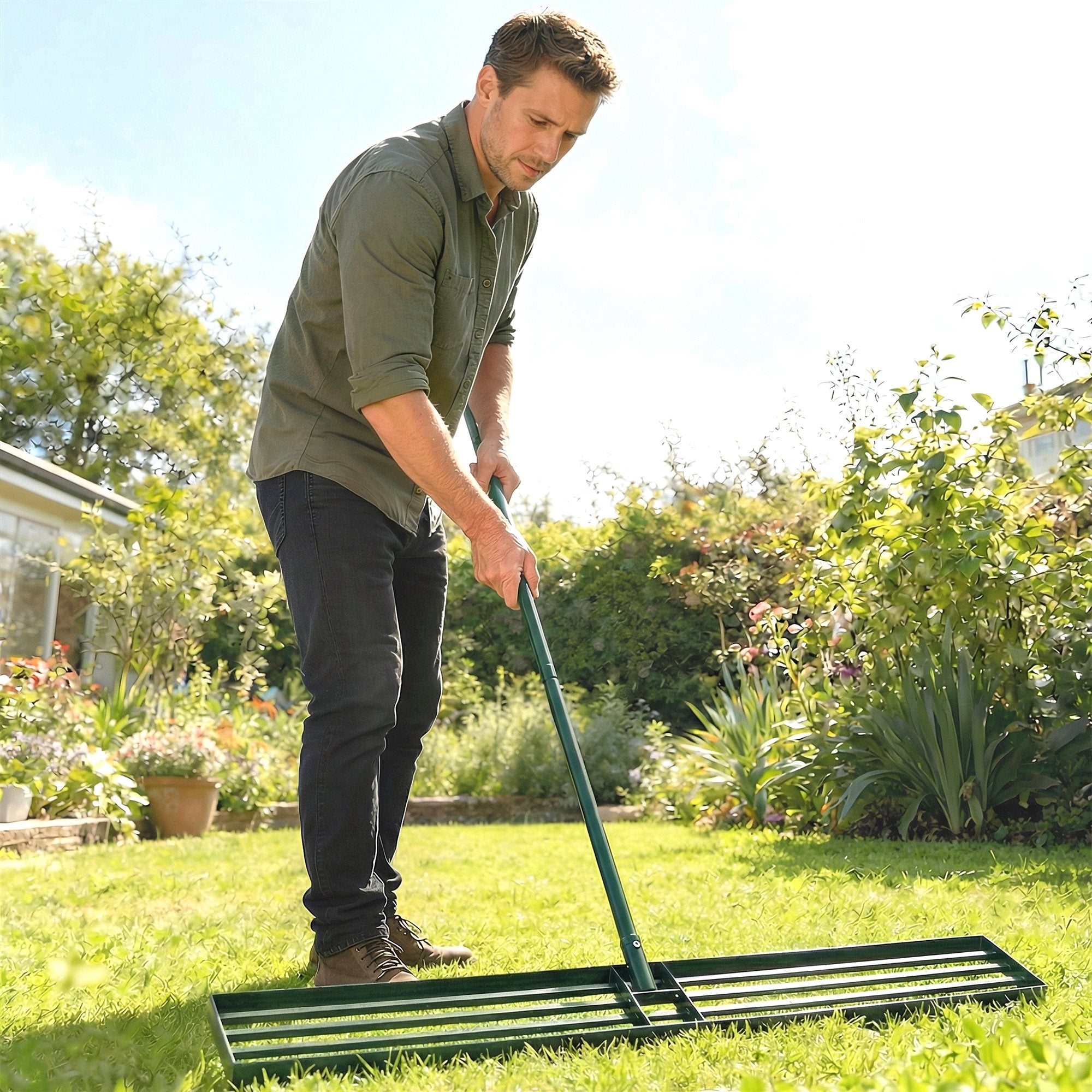 Outsunny Lawn Levelling Rake, 113 x 26 cm Lawn Leveller Lute with 169 cm Handle for Grass Soil Sand Yard Golf Course 