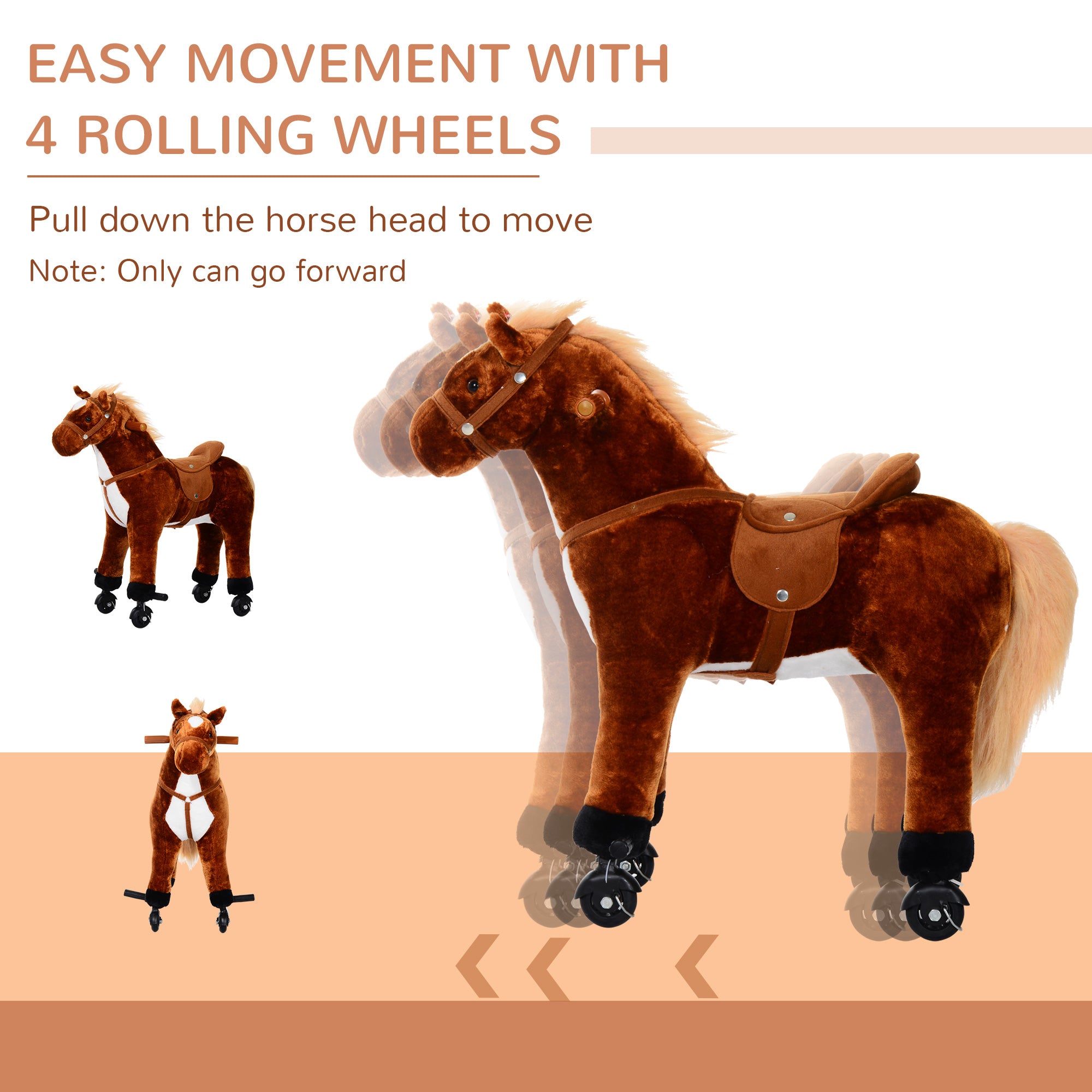 HOMCOM Plush Walking Horse Ride On Toy with Wheels and Realistic Sounds Rocking Horse for Girls Boys 3+ Years Old, 50cm Tall, Brown 