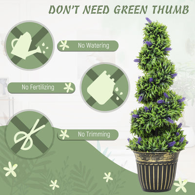 HOMCOM Set of 2 Decorative Artificial Plants, Boxwood Spiral Topiary Tree with Lavender and Pot, Fake Plants for Home Indoor Outdoor Decor, 90cm 