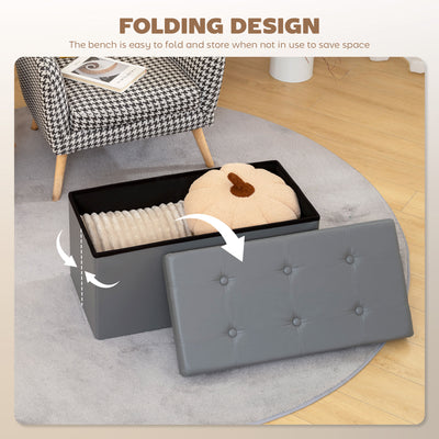 HOMCOM Storage Ottoman Bench, 89L PU Leather Folding Foot Rest Stool, End of Bed Bench, Easy Assembly, for Living Room, Bedroom, Entryway, Grey 