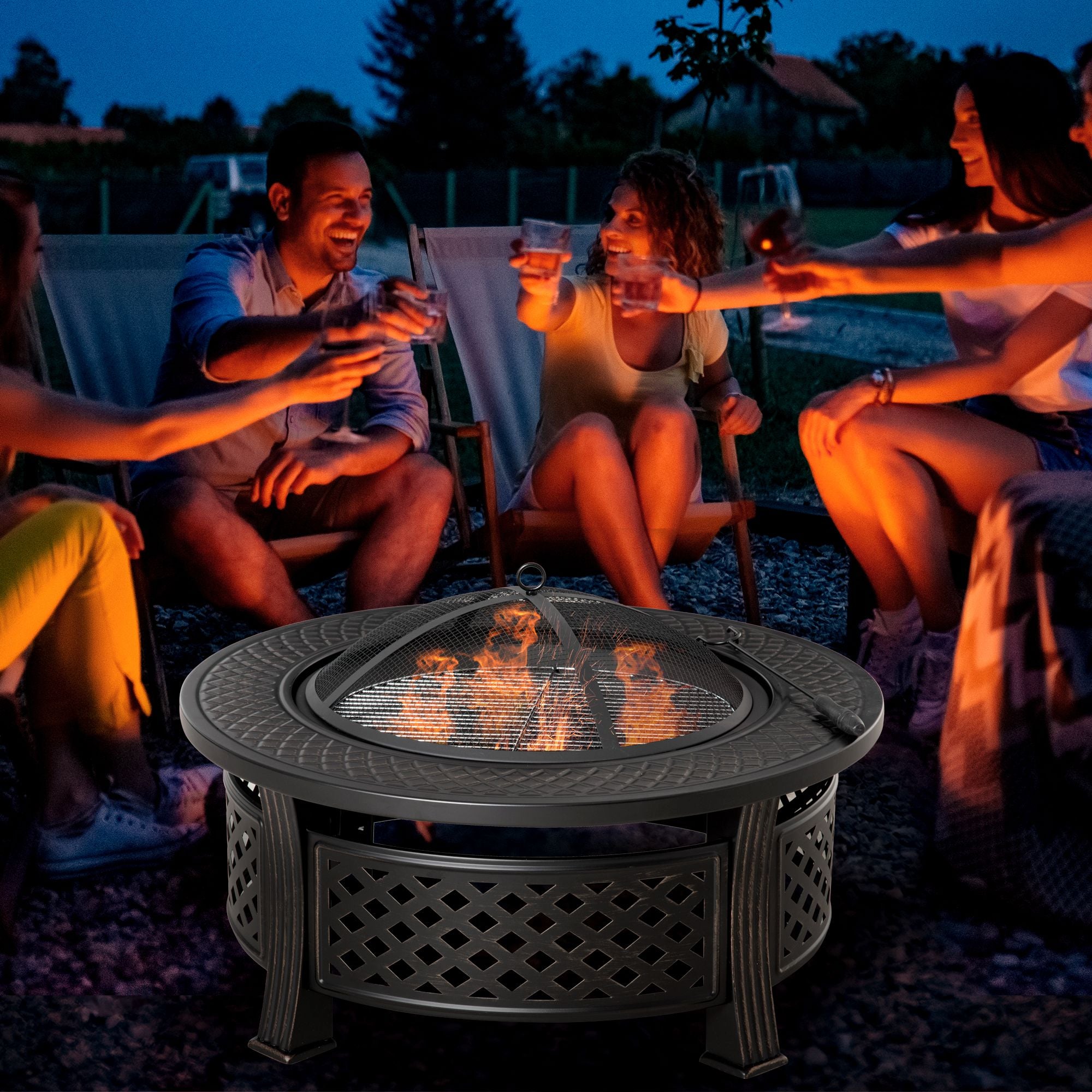 Outsunny Outdoor Fire Pit, Firepit with Grill Net, Mesh Lid, Poker, for Camping, Bonfire, Picnic, Bronze Tone 