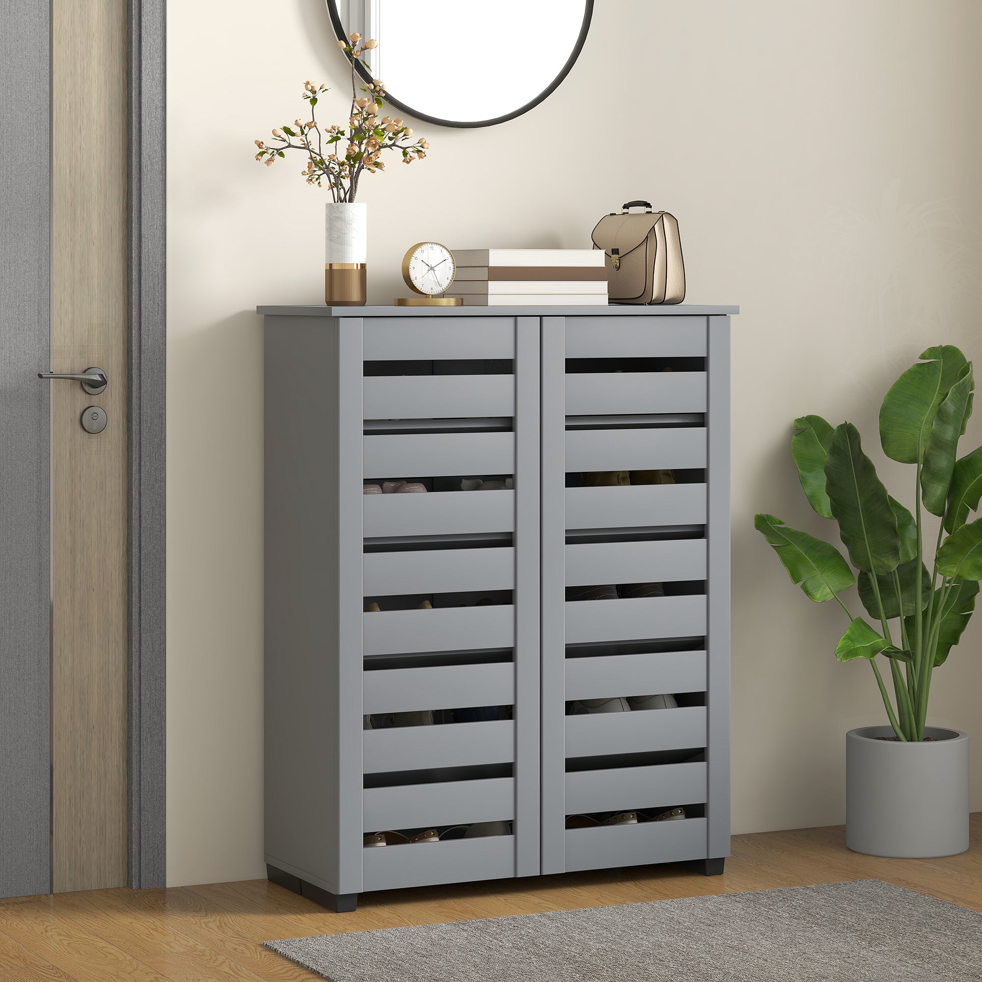 HOMCOM Narrow Shoe Cabinet for Entryway, 5-Tier Slim Shoe Storage Cabinet with 2 Slatted Doors and Adjustable Shelves Grey 