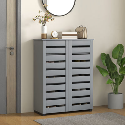 HOMCOM Narrow Shoe Cabinet for Entryway, 5-Tier Slim Shoe Storage Cabinet with 2 Slatted Doors and Adjustable Shelves Grey 