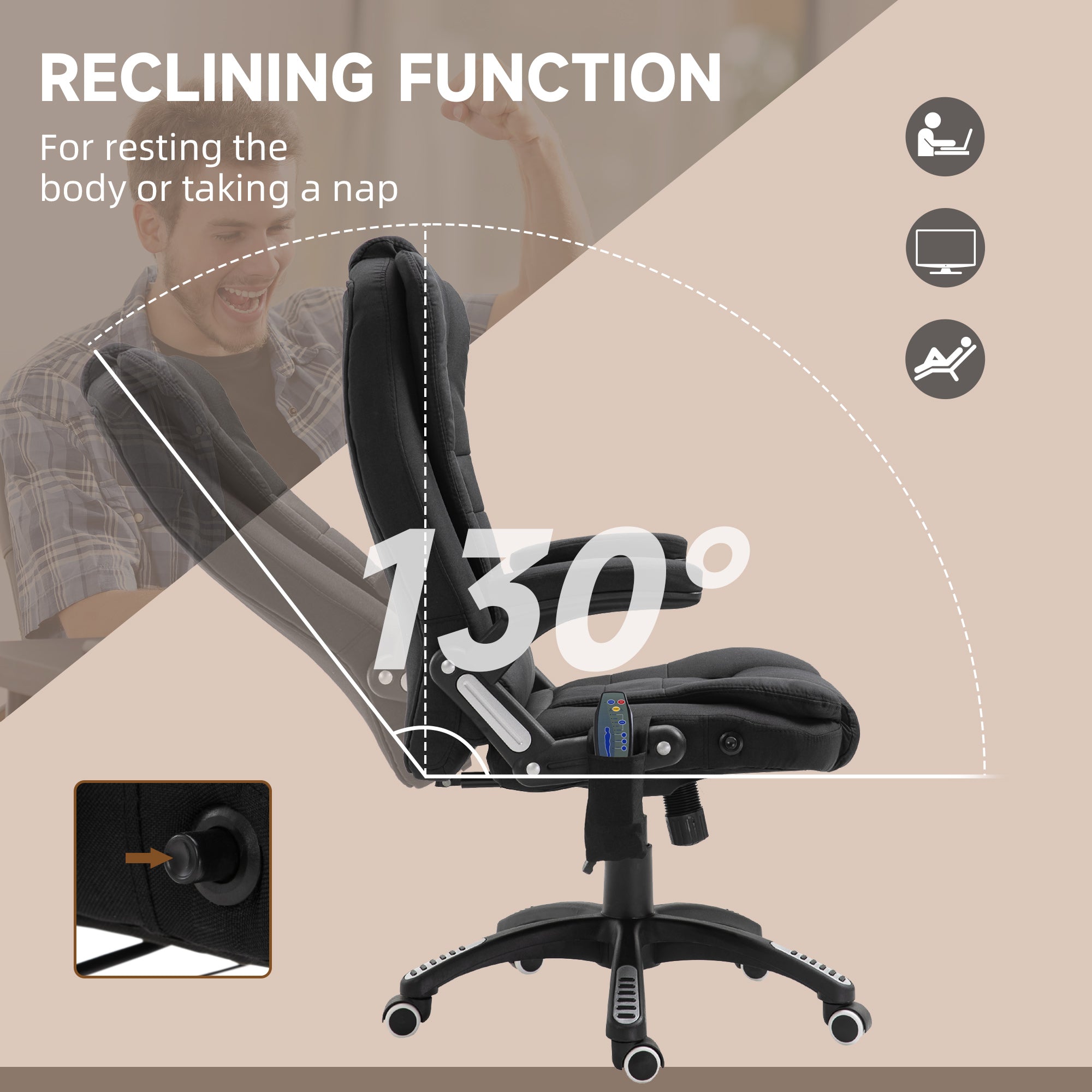 Vinsetto Massage Recliner Chair Heated Office Chair with Six Massage Points Linen-Feel Fabric 360\'c2\'b0 Swivel Wheels Black