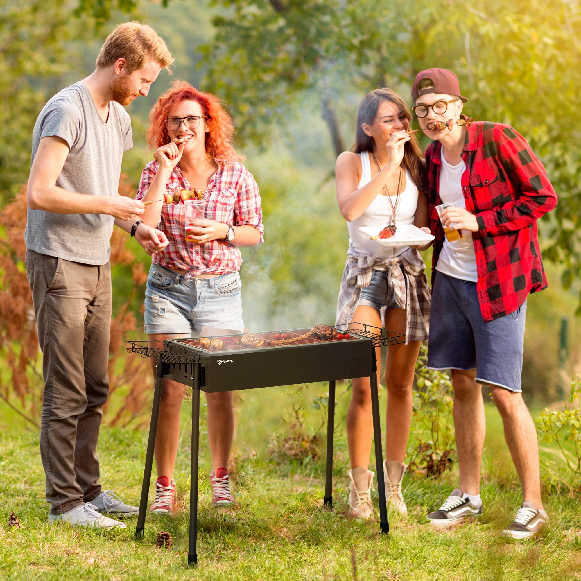 Outsunny Portable Charcoal BBQ Grill with Seasoning Baskets for Camping Picnic Hiking 