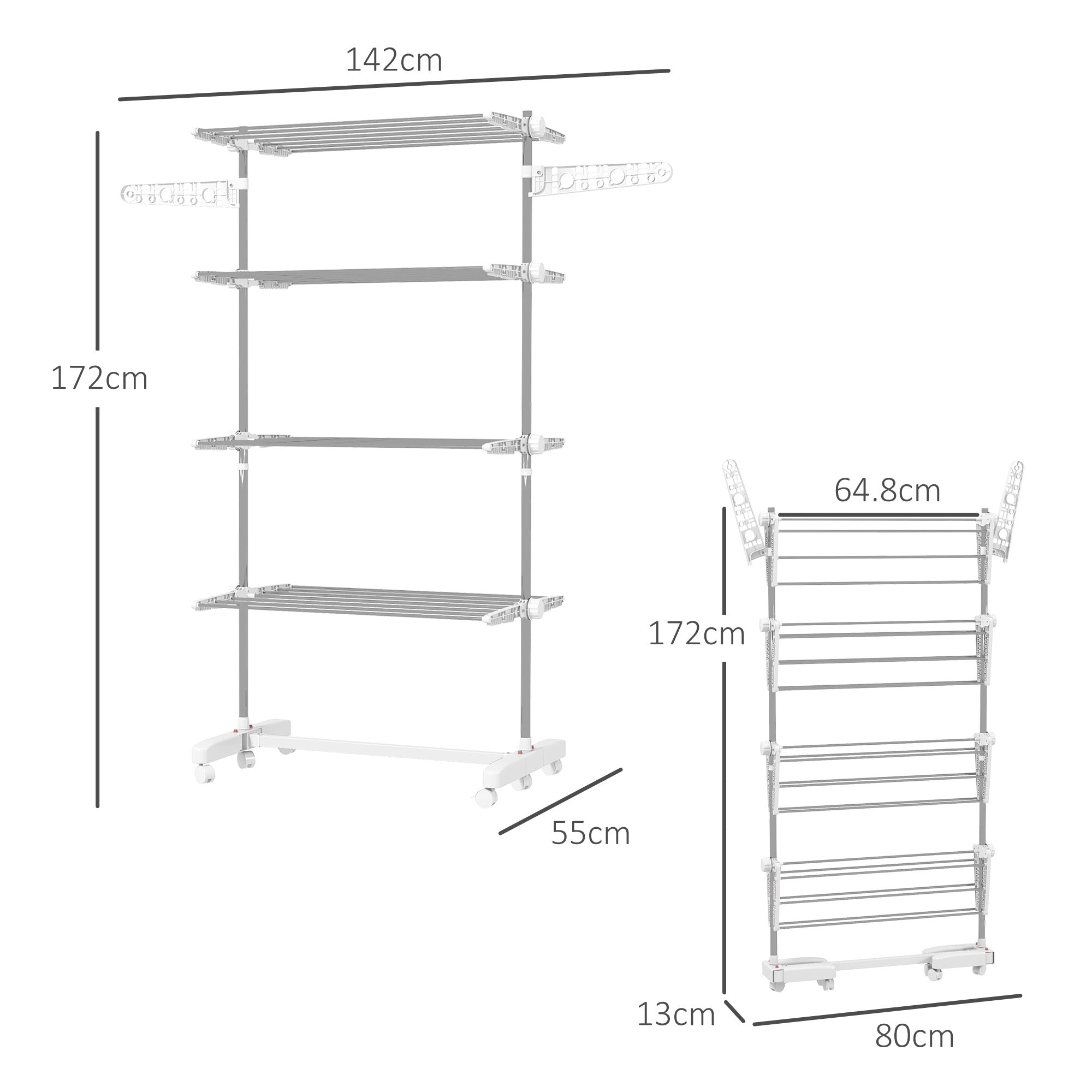 HOMCOM Four-Shelf Collapsing Clothes Horse, With Side Arms and Wheels - White 