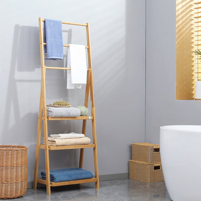 kleankin Freestanding Natural Bamboo Towel Rack with 3 Towel Rails and 3 Storage Shelves, Space-Saving Foldable Towel Holder for Bathroom 