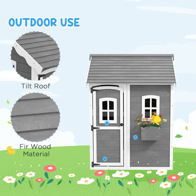 Outsunny Wooden Playhouse for Kids with Doors, Windows, Plant Box, Floors, for Ages 3-8 Years, for Gardens, Lawns, Patios - Grey 