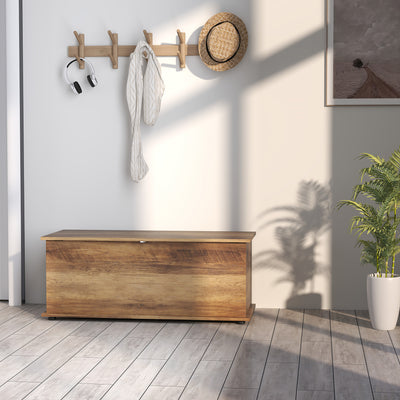 HOMCOM 113L Storage Chest, Storage Box with Flip-Top Lid and 2 Safety Hinges, Storage Trunk for Living Room, Entryway, 100 x 40 x 40 cm, Grey Wood Grain 