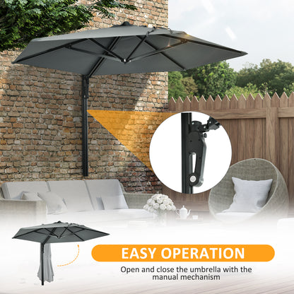 Outsunny 2.5m Wall Mounted Parasol, Hand to Push Outdoor Patio Umbrella with 180 Degree Rotatable Canopy for Porch, Deck, Garden, 250 cm, Grey 