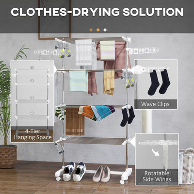 HOMCOM Four-Shelf Collapsing Clothes Horse, With Side Arms and Wheels - White 