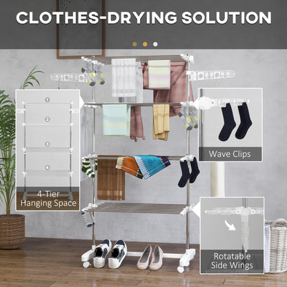 HOMCOM Four-Shelf Collapsing Clothes Horse, With Side Arms and Wheels - White 