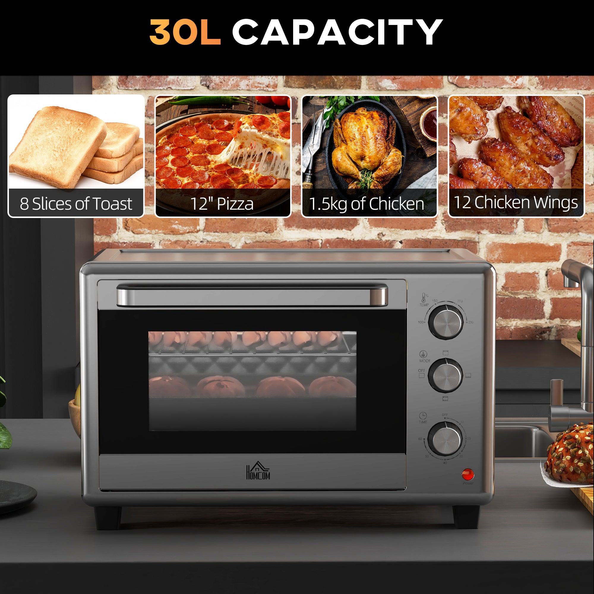 HOMCOM 30L 60-230\'e2\'84\'83 Mini Electric Oven, with Accessories - Silver Tone