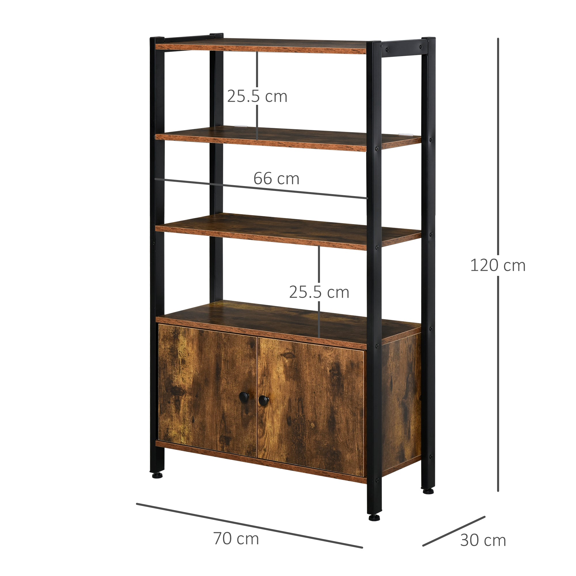 HOMCOM Industrial Bookshelf, Storage Cabinet with 3-Tier with Doors, for Home Office, Living Room Rustic Brown 