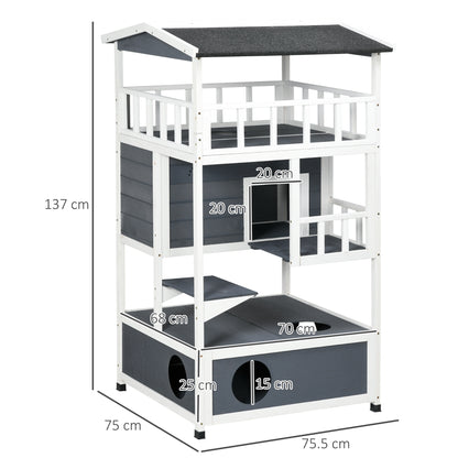 PawHut Wooden Outdoor Cat House 3-Tier for Winter Kitten Shelter Lodge w/ Tilted Roof Terrace Jump Step Bottom Tray Elevated Base Waterproof Paint Grey 