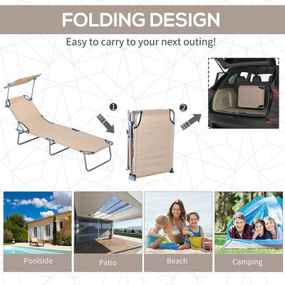 Outsunny Outdoor Foldable Sun Lounger Set of 2, 4 Level Adjustable Backrest Reclining Sun Lounger Chair with Angle Adjust Sun Shade Awning for Beach, Garden, Patio, Sand 