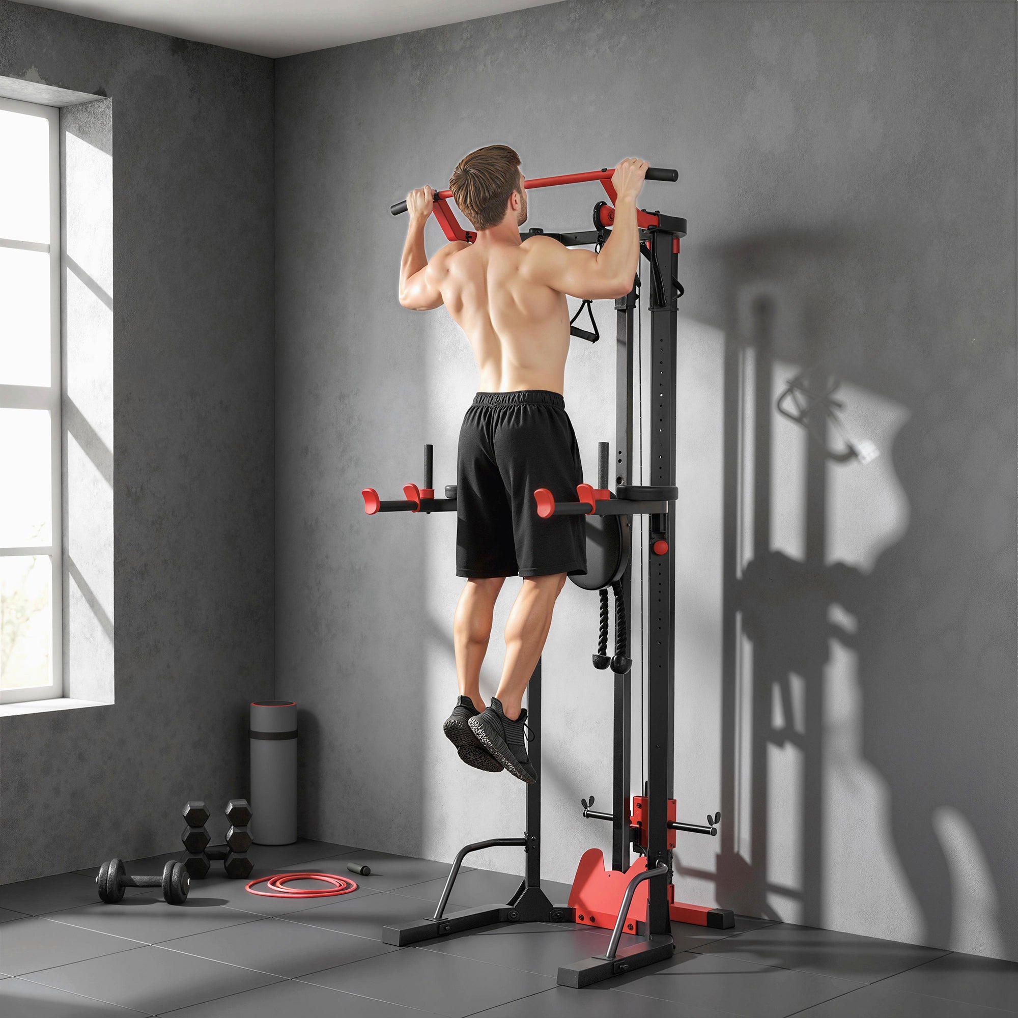 SPORTNOW Power Tower with Lat Pull Down Machine, Pull Up Bar, Dip Station, Adjustable Height Power Pack for Home Gym 